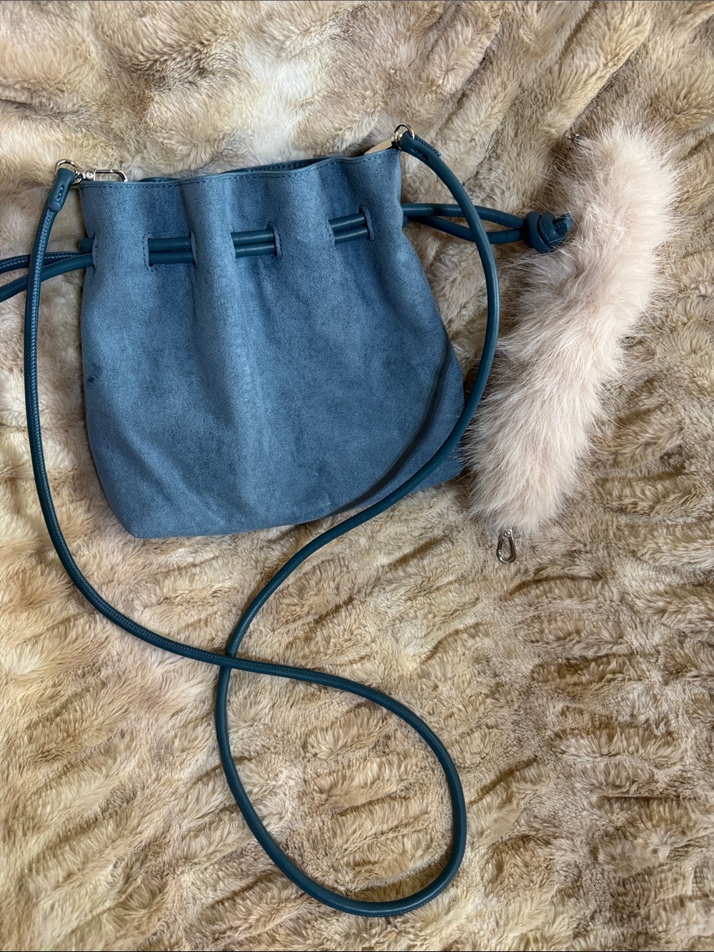 Anthropologie Cinched Suede Faux Fur Bucket Bag